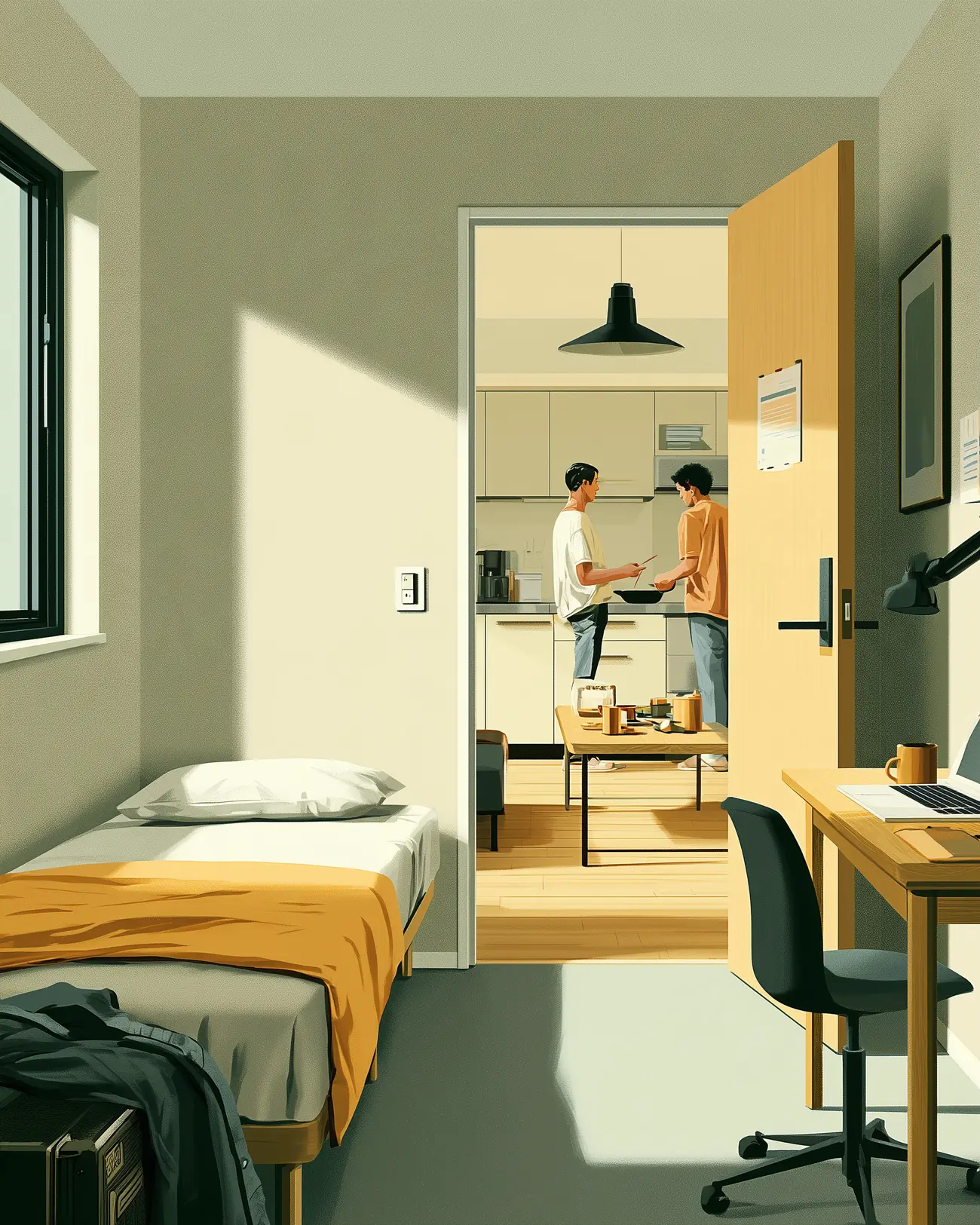 A private room in a Tokyo share house, with a shared kitchen and lounge visible beyond the door