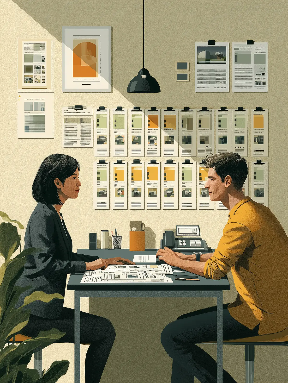 A tenant and a Tokyo estate agent going through listings together at a desk