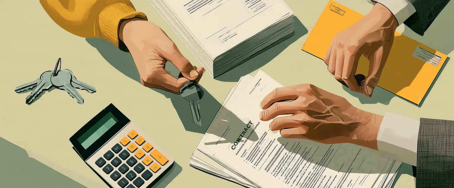 A set of apartment keys on a table beside a stack of contracts and a calculator