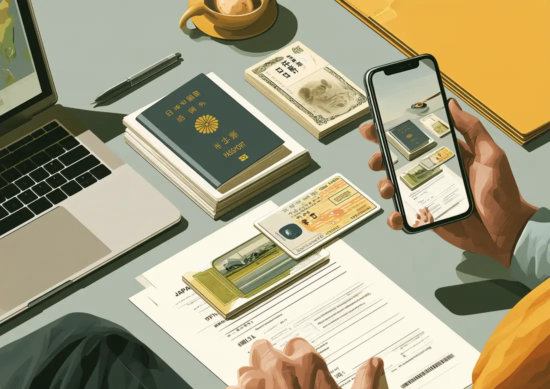 A neat stack of documents: residence card, passport, employment letter and a Japanese phone