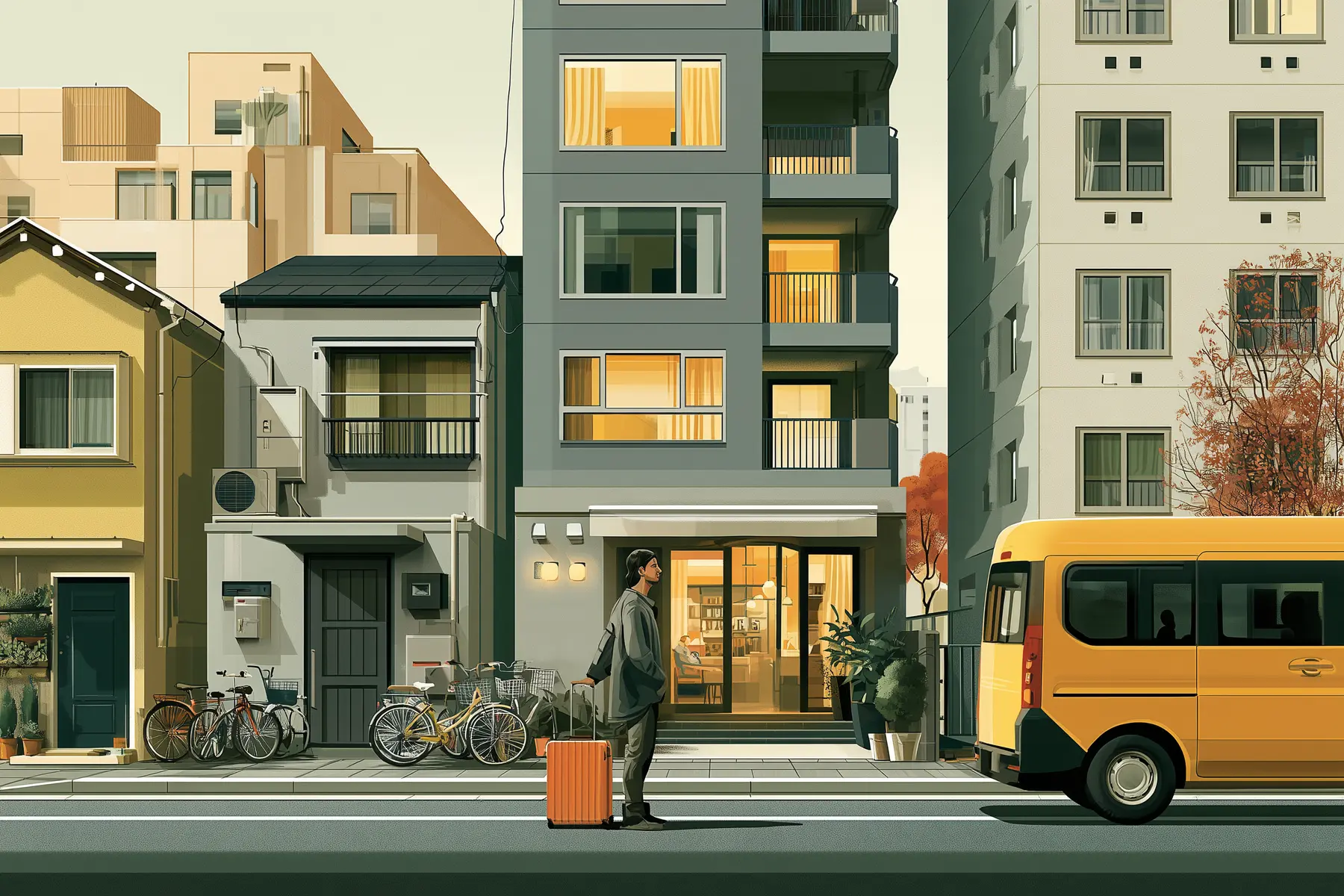 A newcomer with a suitcase on a Tokyo street, a share house, a serviced apartment and an apartment block behind