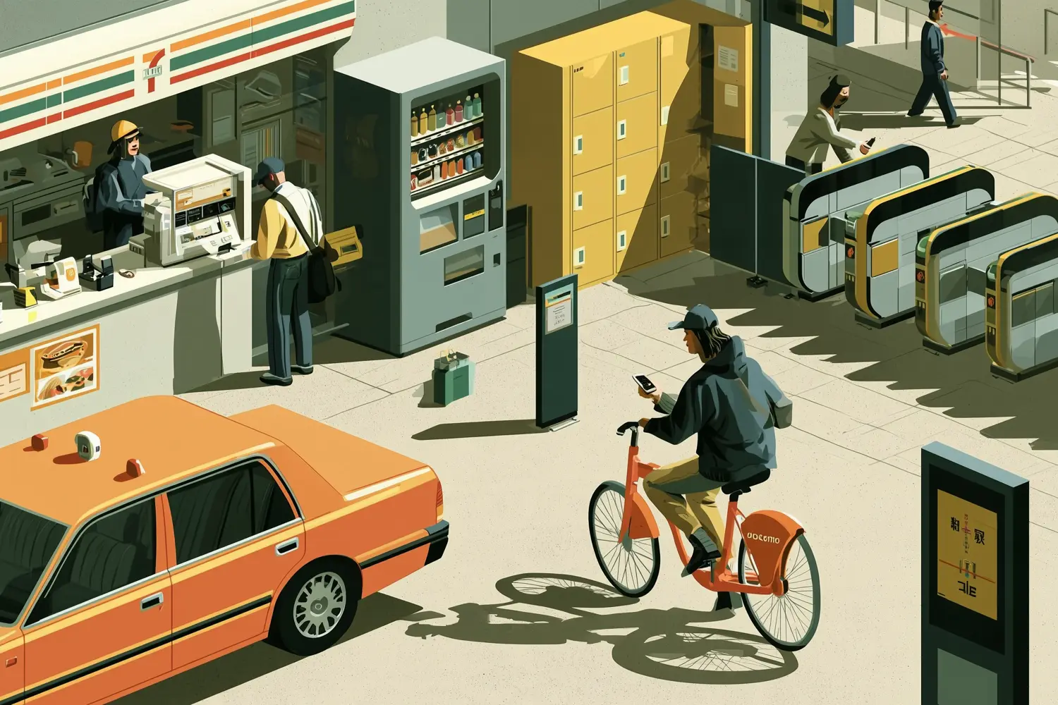 Isometric view of a station forecourt: a 7-Eleven counter, vending machines, coin lockers, ticket gates, a share bicycle and a taxi, all paid for with the same card