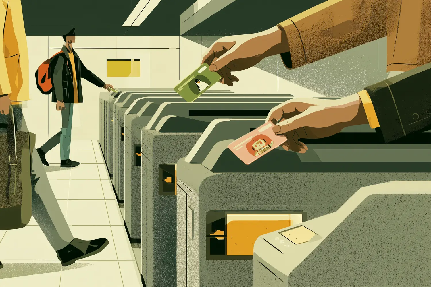 Two hands tapping a green Suica and a pink PASMO at neighbouring ticket gates while another traveller walks through
