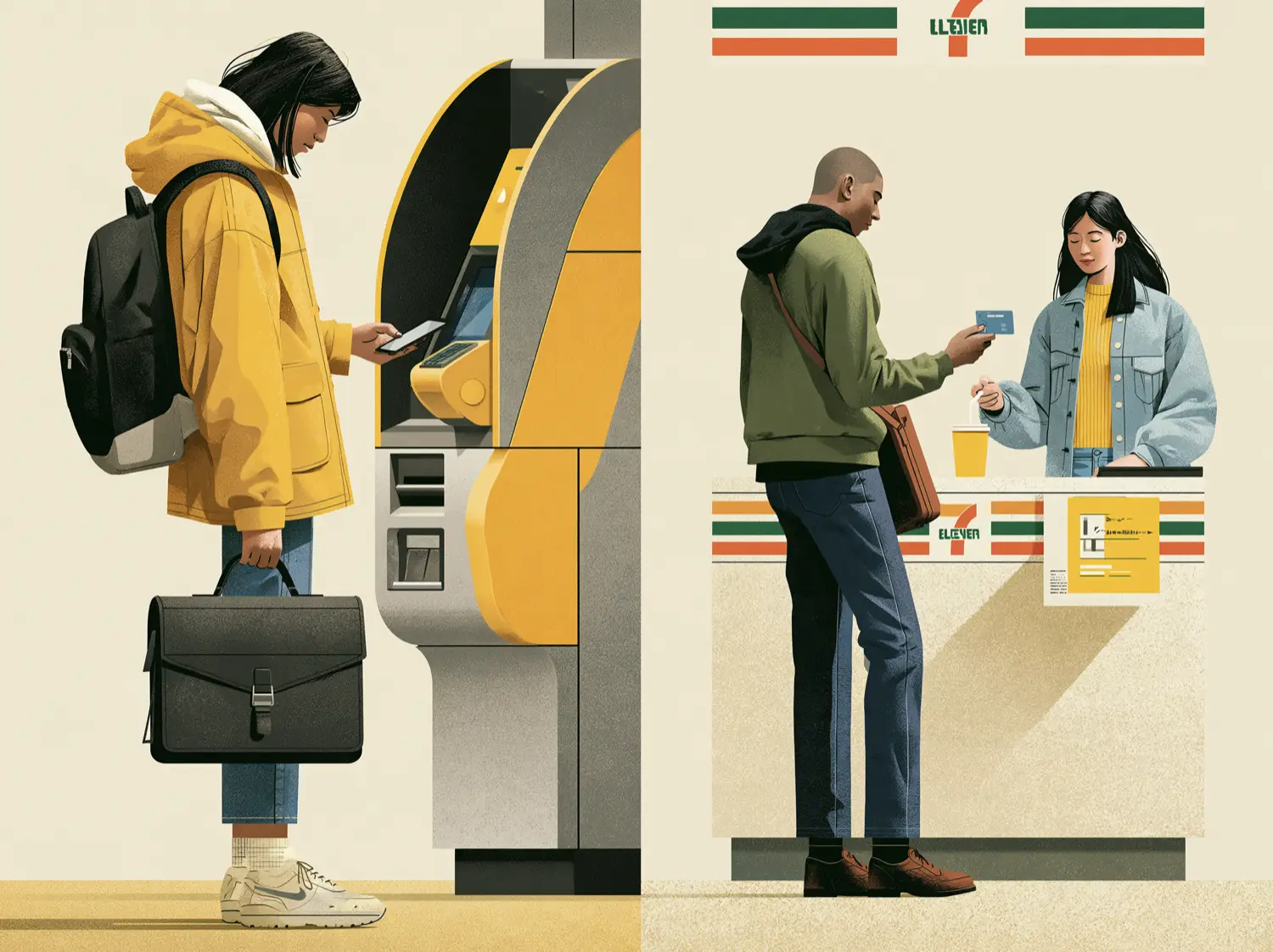 A traveller topping up at a yellow ticket machine, and beside it a shopper paying with the same card at a 7-Eleven counter