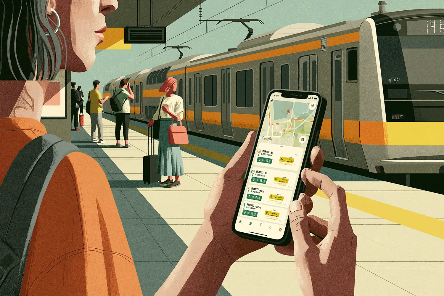 A traveller on a platform comparing route options on Google Maps as a train pulls in