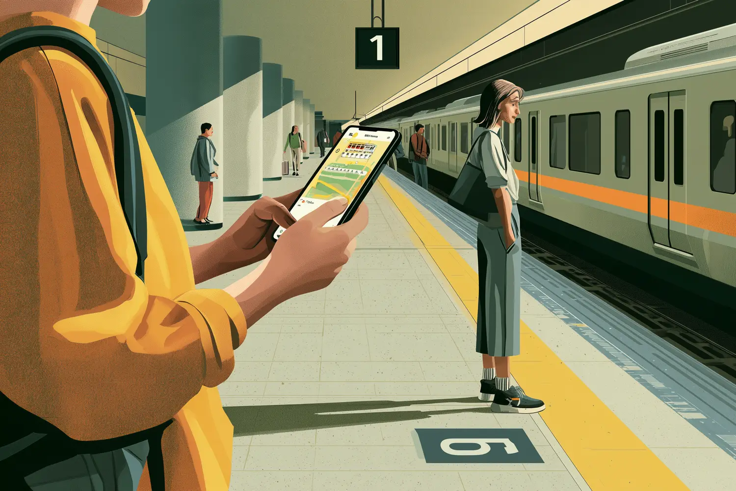 A traveller checks their phone beneath a platform number sign, standing on the boarding mark painted on the floor