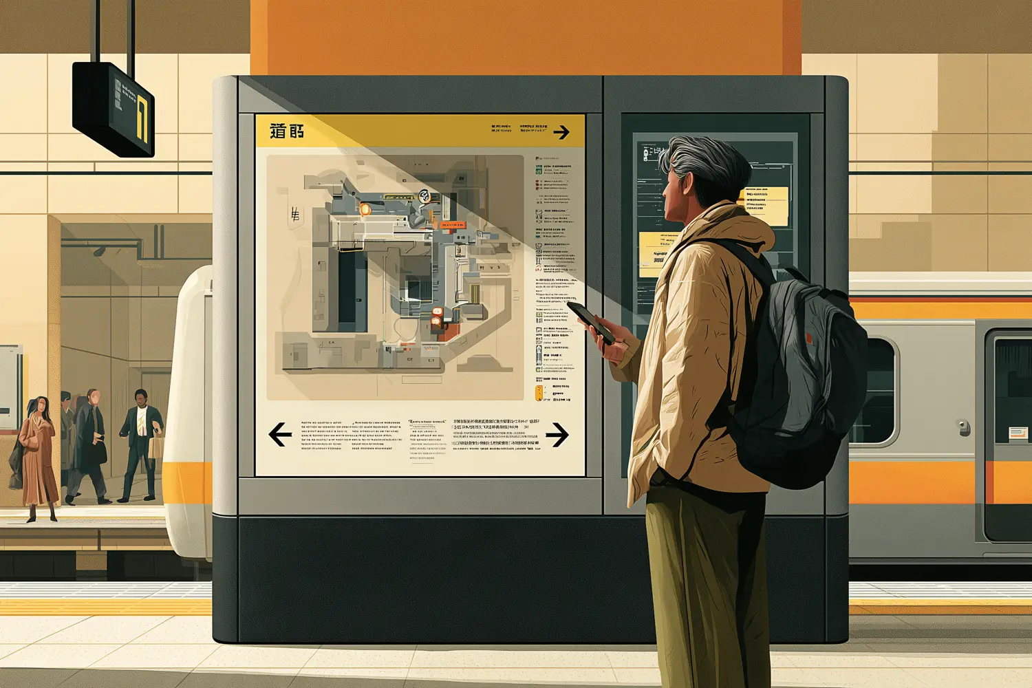 A traveller reading the large station guide board on a platform, its map marked with exits and direction arrows