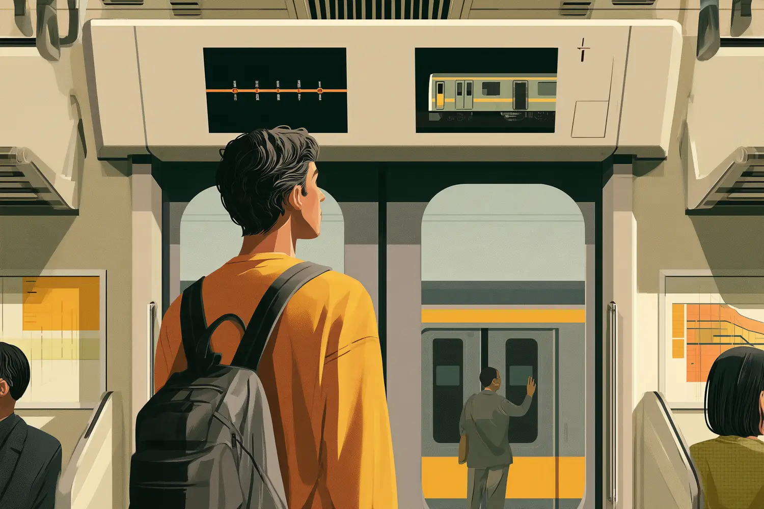 A passenger inside a train looking up at the pair of information screens above the doors