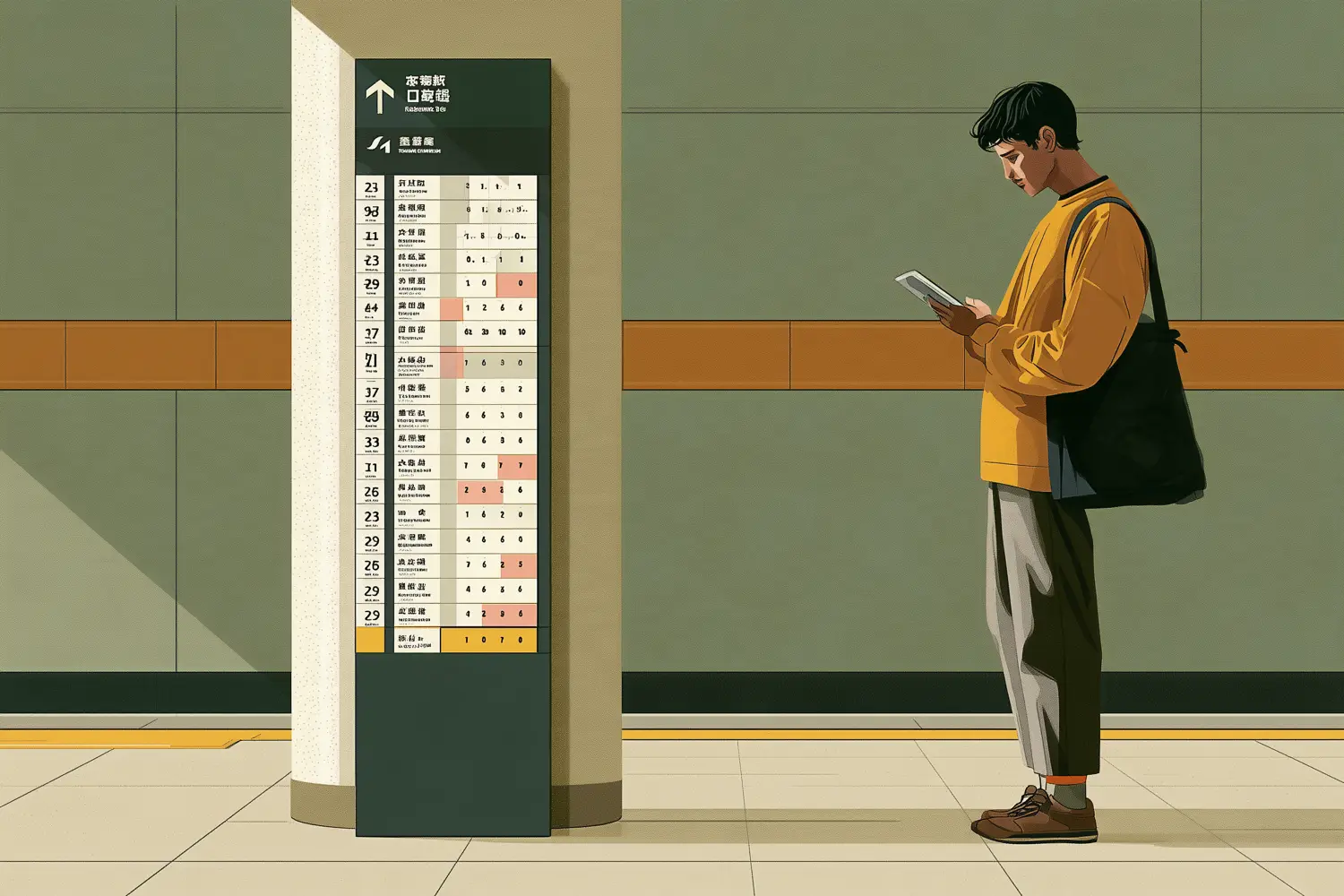A traveller reading the tall transfer and exit guide board mounted on a platform pillar
