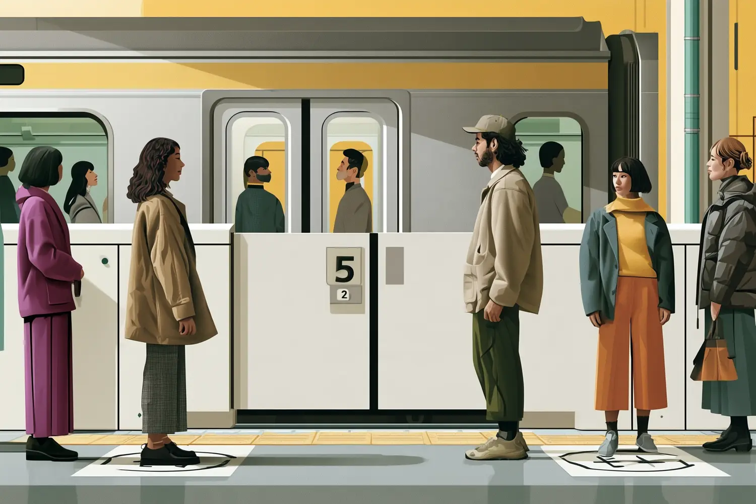 Passengers queuing on the boarding marks either side of a closed platform barrier door, a small panel beside it showing a large car number above a small door number