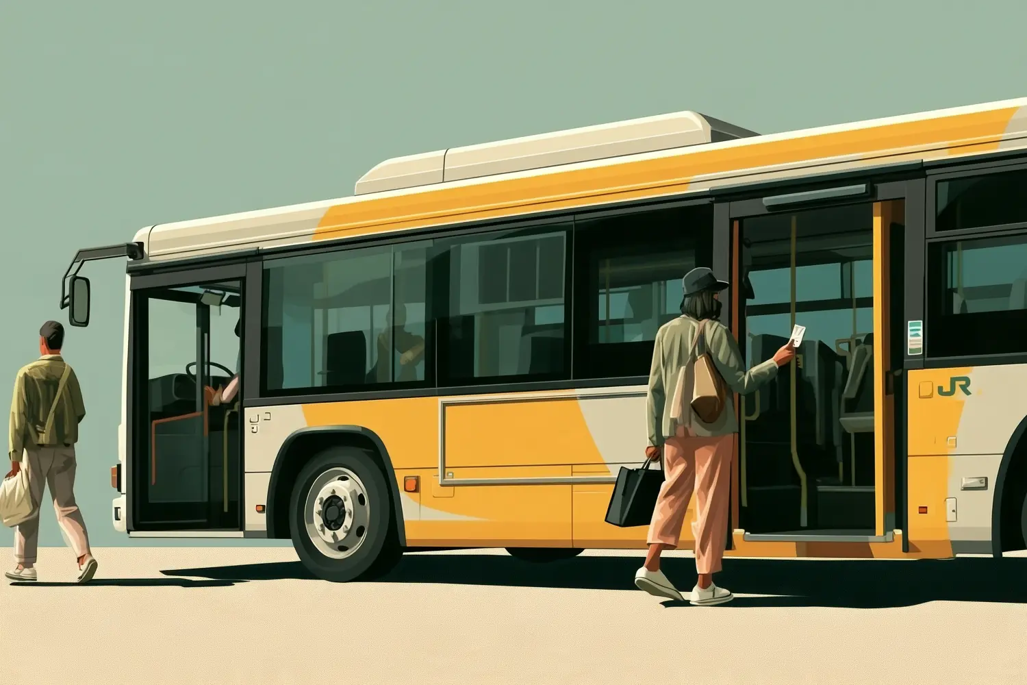 A JR bus seen from the side, one passenger boarding through the rear door as another walks toward the front