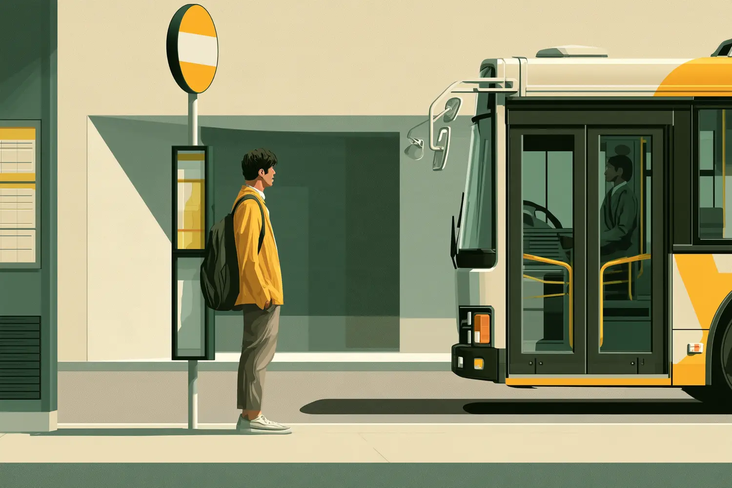 A traveller waiting beside a round Tokyo bus stop sign as the bus draws in