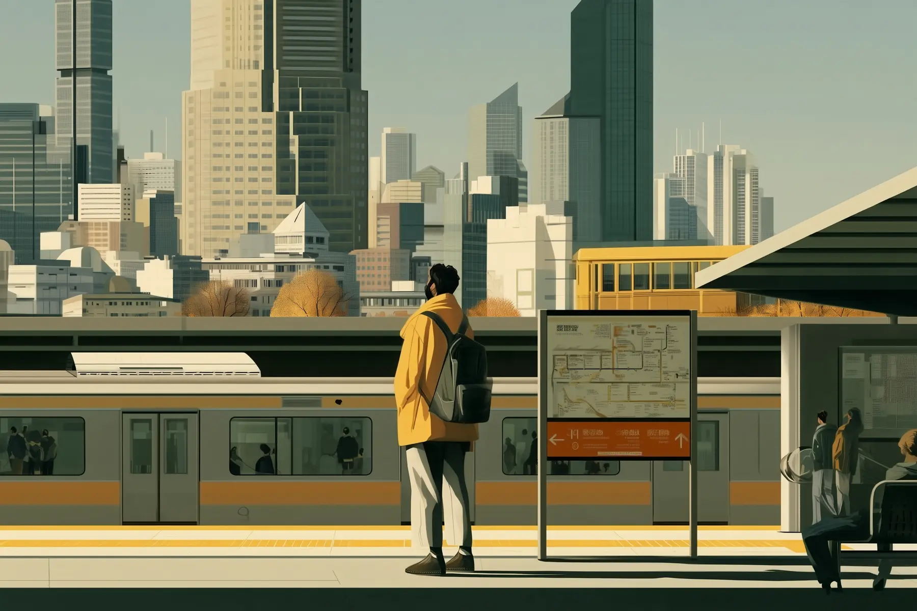 A traveller on a Tokyo platform reading the line map beside a waiting train